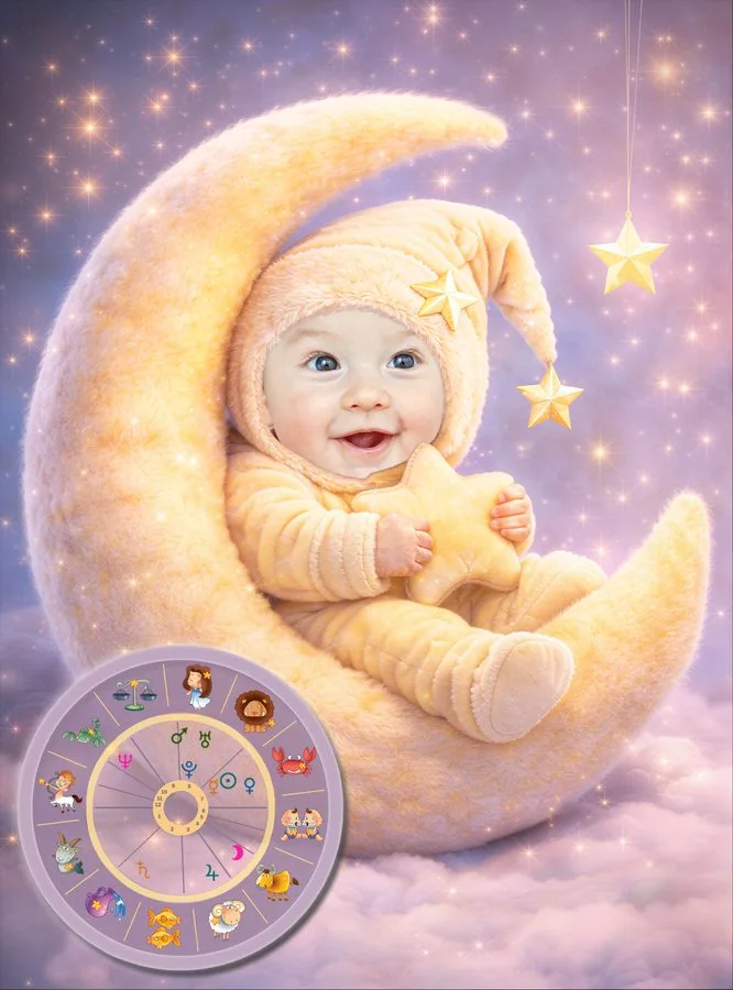Foto-Motiv „Baby gelb“: ein Baby auf der Mondsichel, unten links das Geburtsbild